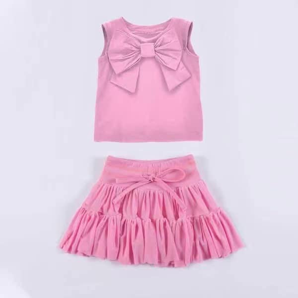 (Pre-order)GSD2192 Pink Color Big Bow Sleeveless Top Ruffle Skirts Girls Summer Clothes Set