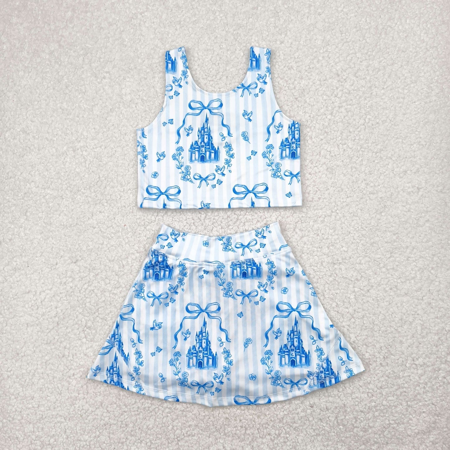 Blue Flowers Castle Bows Print Skirts Shorts Girls Summer Yoga Clothes Sisters Wear