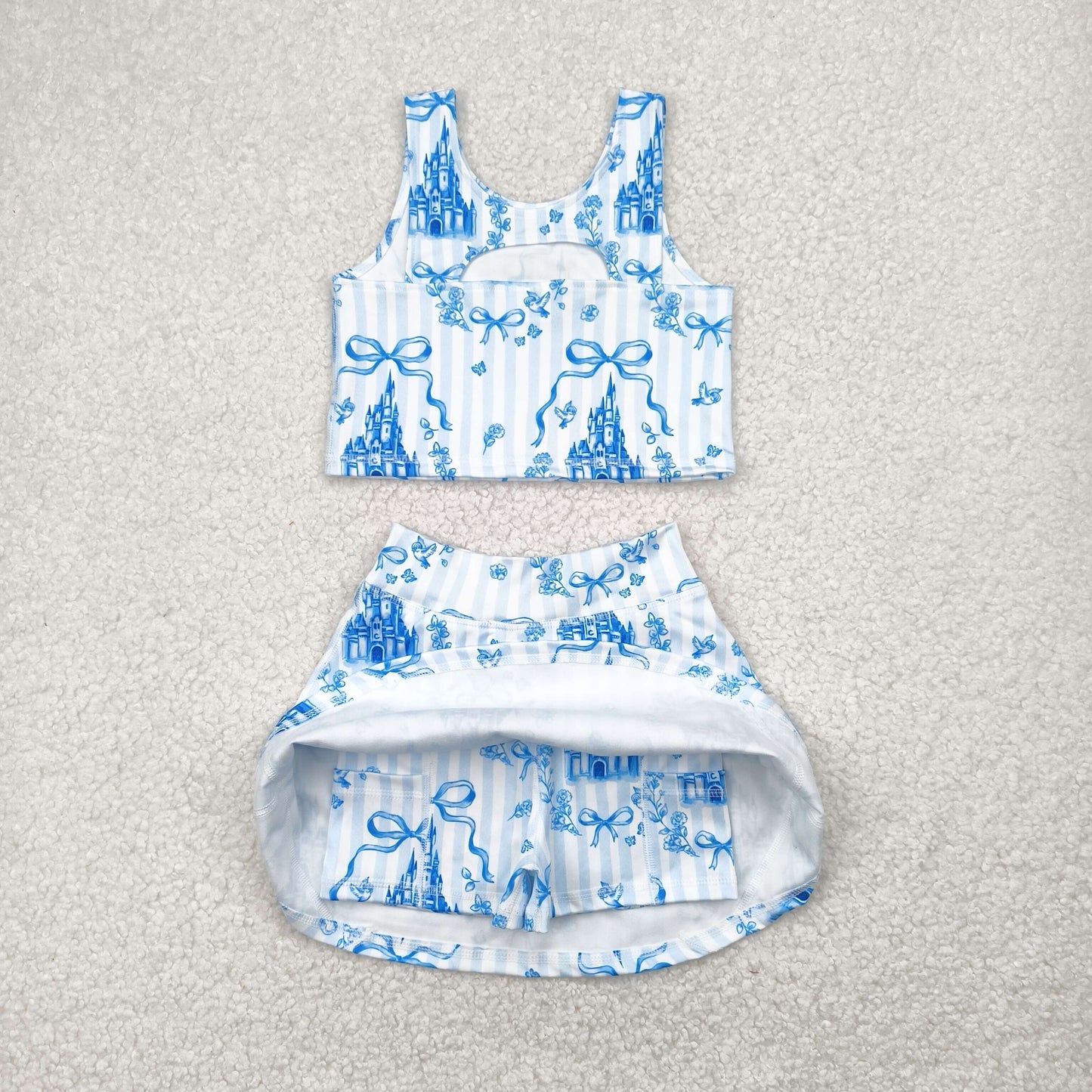 Blue Flowers Castle Bows Print Skirts Shorts Girls Summer Yoga Clothes Sisters Wear