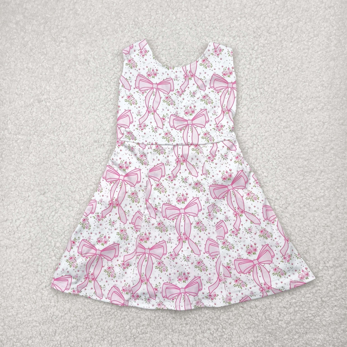 GSD2199 Pink Flowers Bows Print Girls Summer Shorts Knee Length Yoga Dress