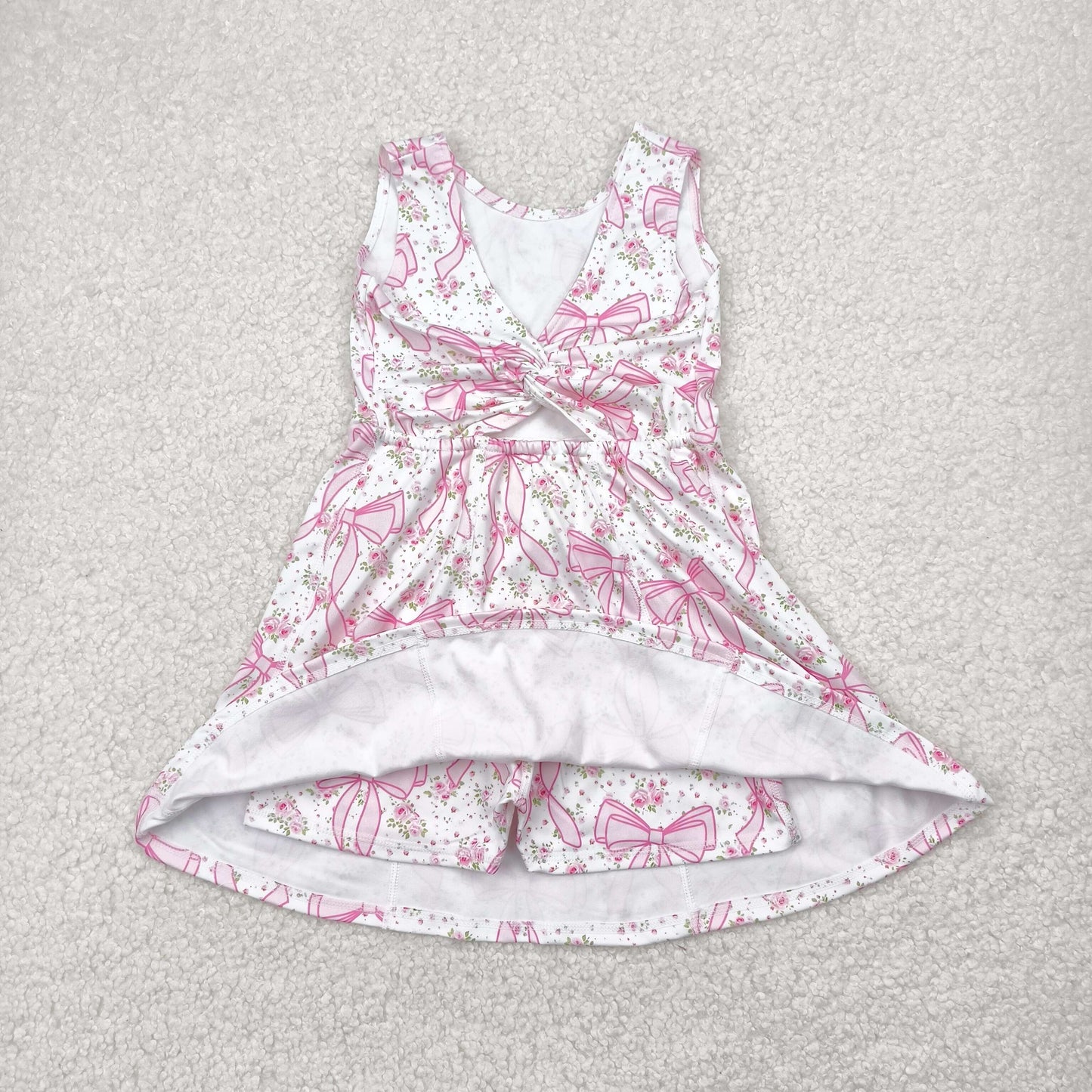 GSD2199 Pink Flowers Bows Print Girls Summer Shorts Knee Length Yoga Dress