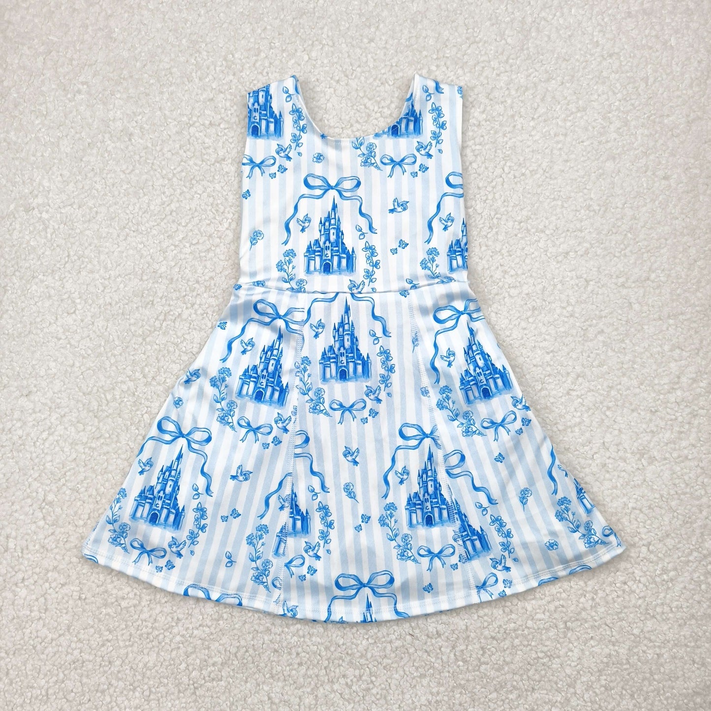 GSD2200 Blue Flowers Castle Bows Print Girls Summer Shorts Knee Length Yoga Dress