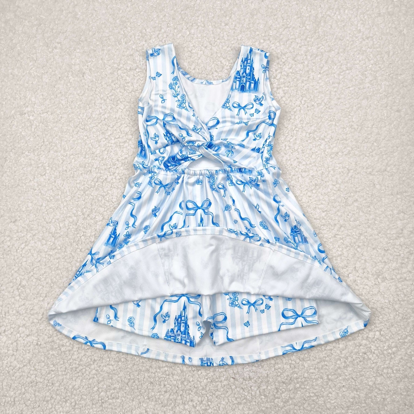 GSD2200 Blue Flowers Castle Bows Print Girls Summer Shorts Knee Length Yoga Dress