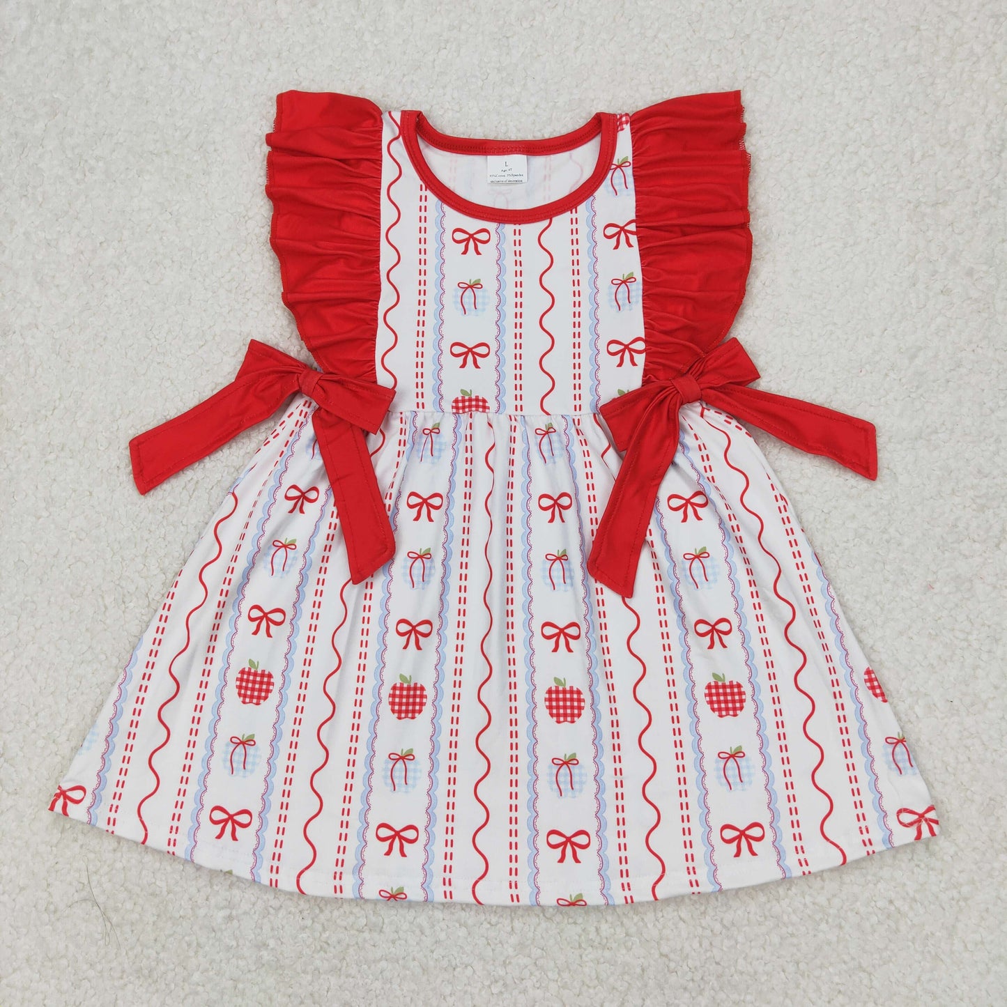GSD2201 Apple Bows Print Girls Back to School Knee Length Dress