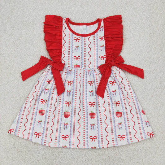 GSD2201  Apple Bows Print Girls Back to School Knee Length Dress