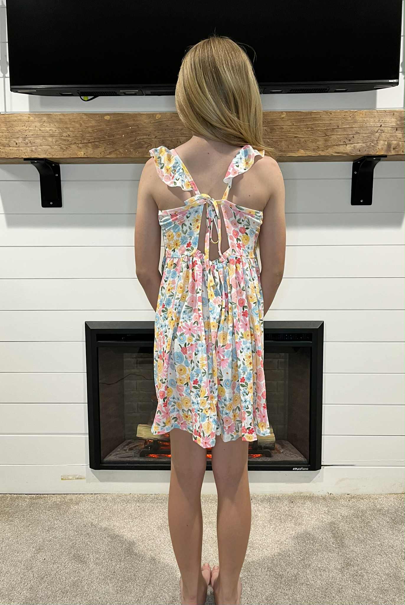 GSD2207 Colorful Flowers Print Girls Backless Knee Length Dress