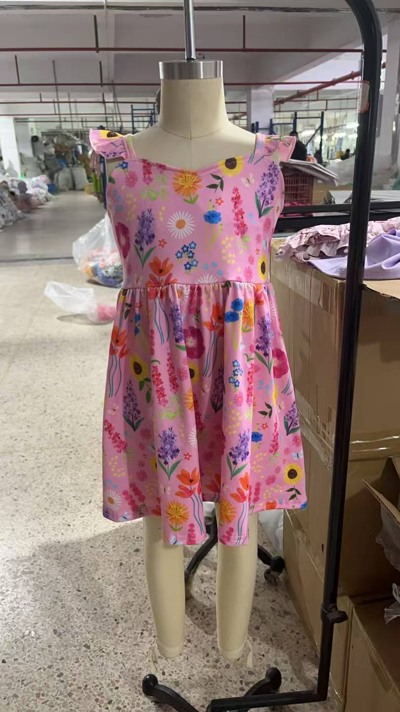 GSD2208  Colorful Flowers Pink Print Girls Backless Knee Length Dress