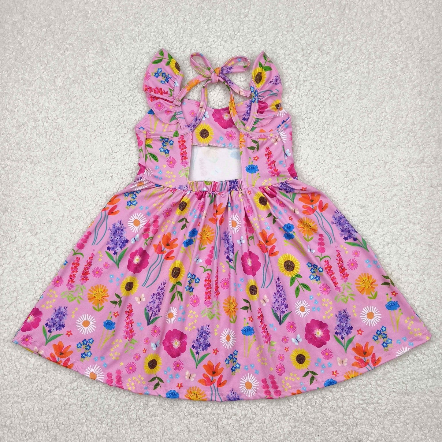 Colorful Flowers Print Girls Backless Knee Length Dress Sisters Wear