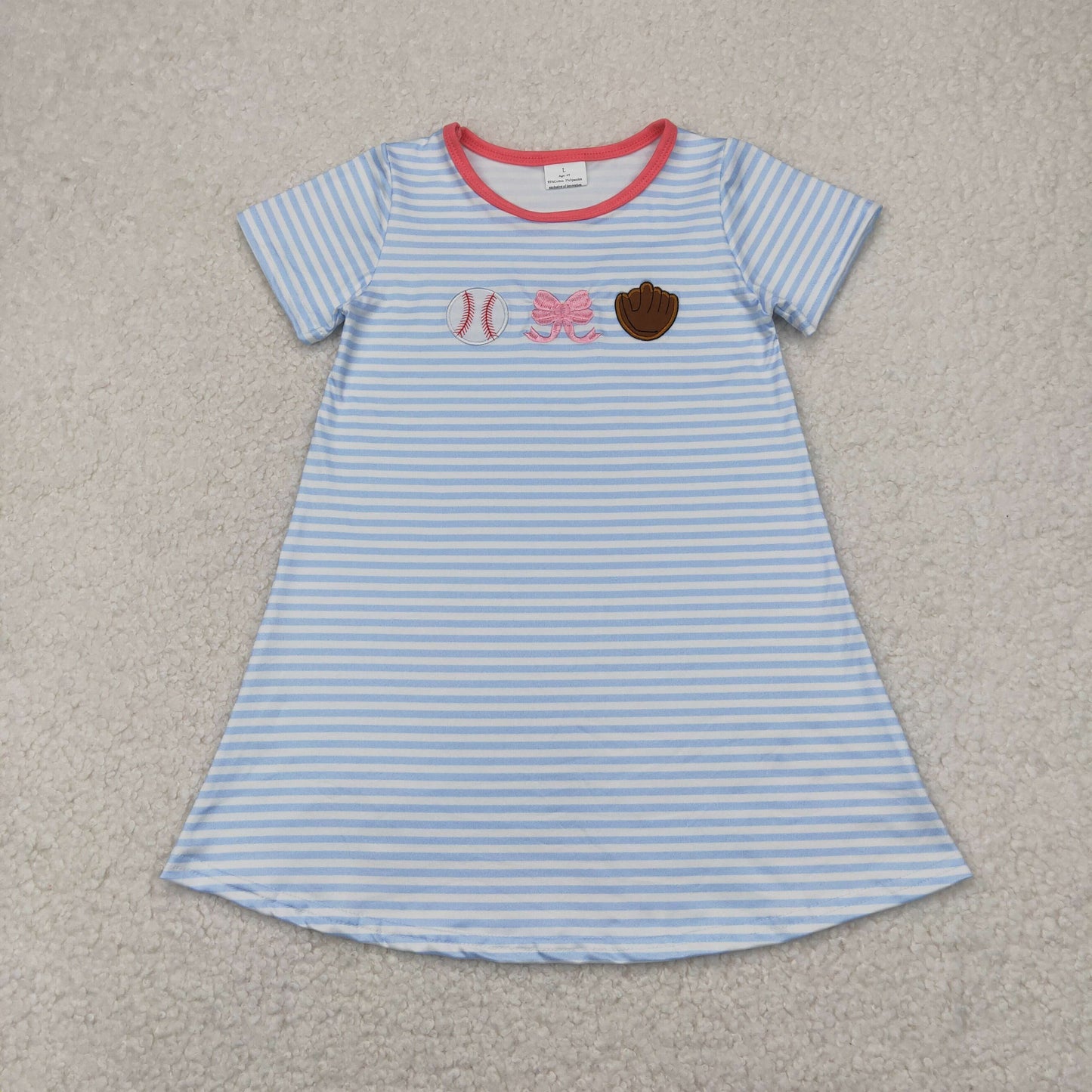 GSD2220 Baseball Embroidery Blue Stripes Print Girls Summer Knee Length Dress