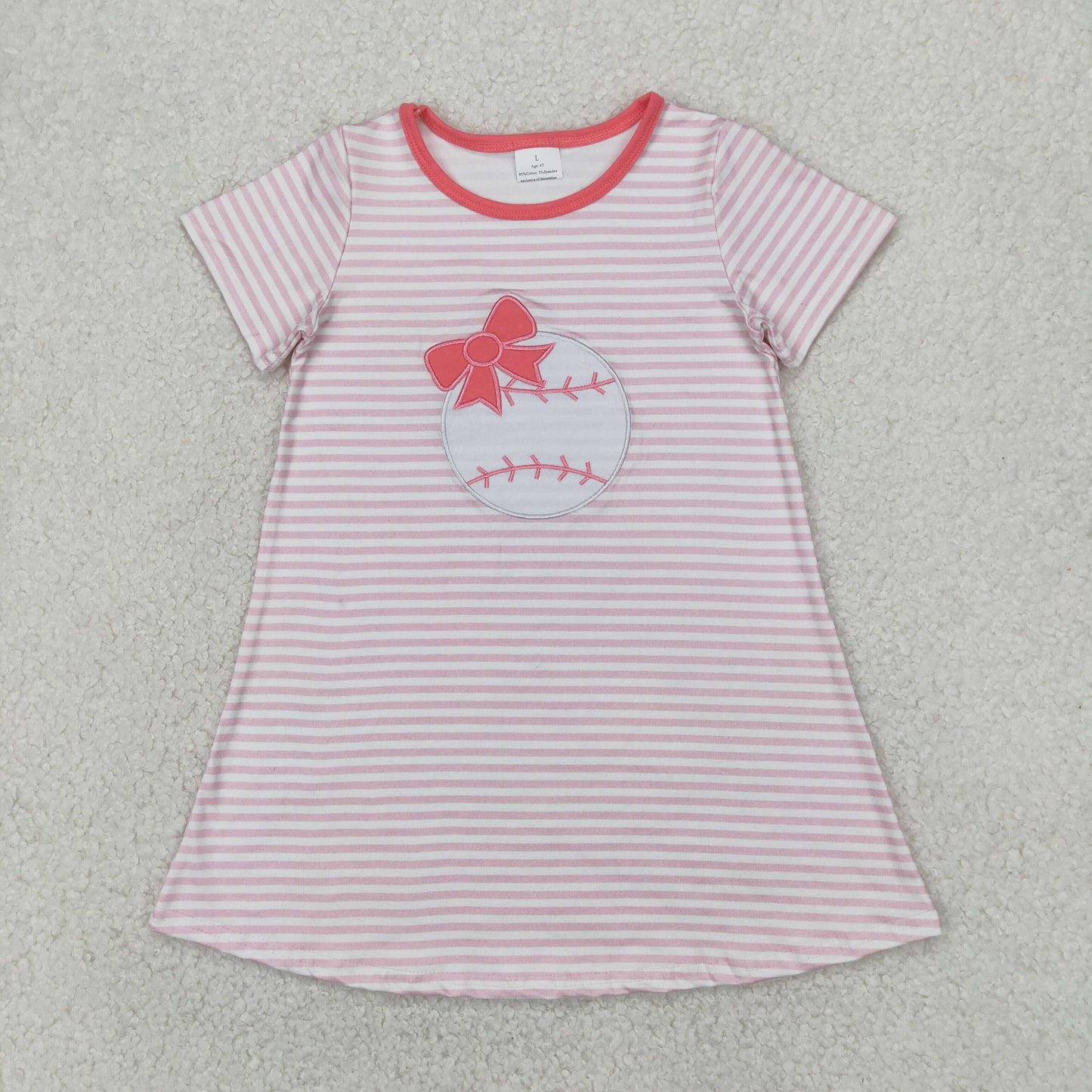 GSD2221 Baseball Embroidery Pink Stripes Print Girls Summer Knee Length Dress