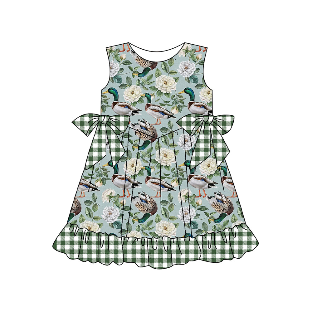 (Pre-order)GSD2222 Duck Flowers Plaid Print Girls Summer Knee Length Dress