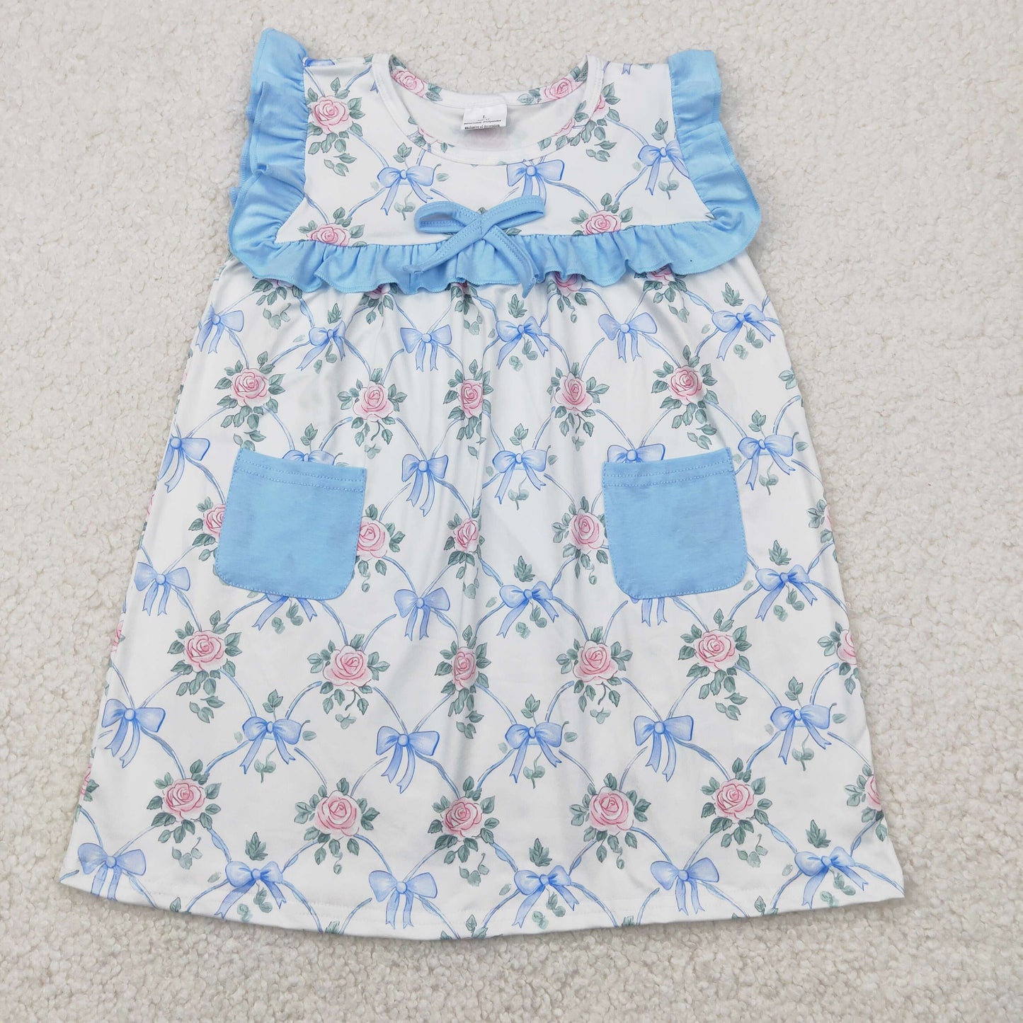 GSD2230 Flowers Bows Blue Print Pockets Girls Summer Knee Length Dress