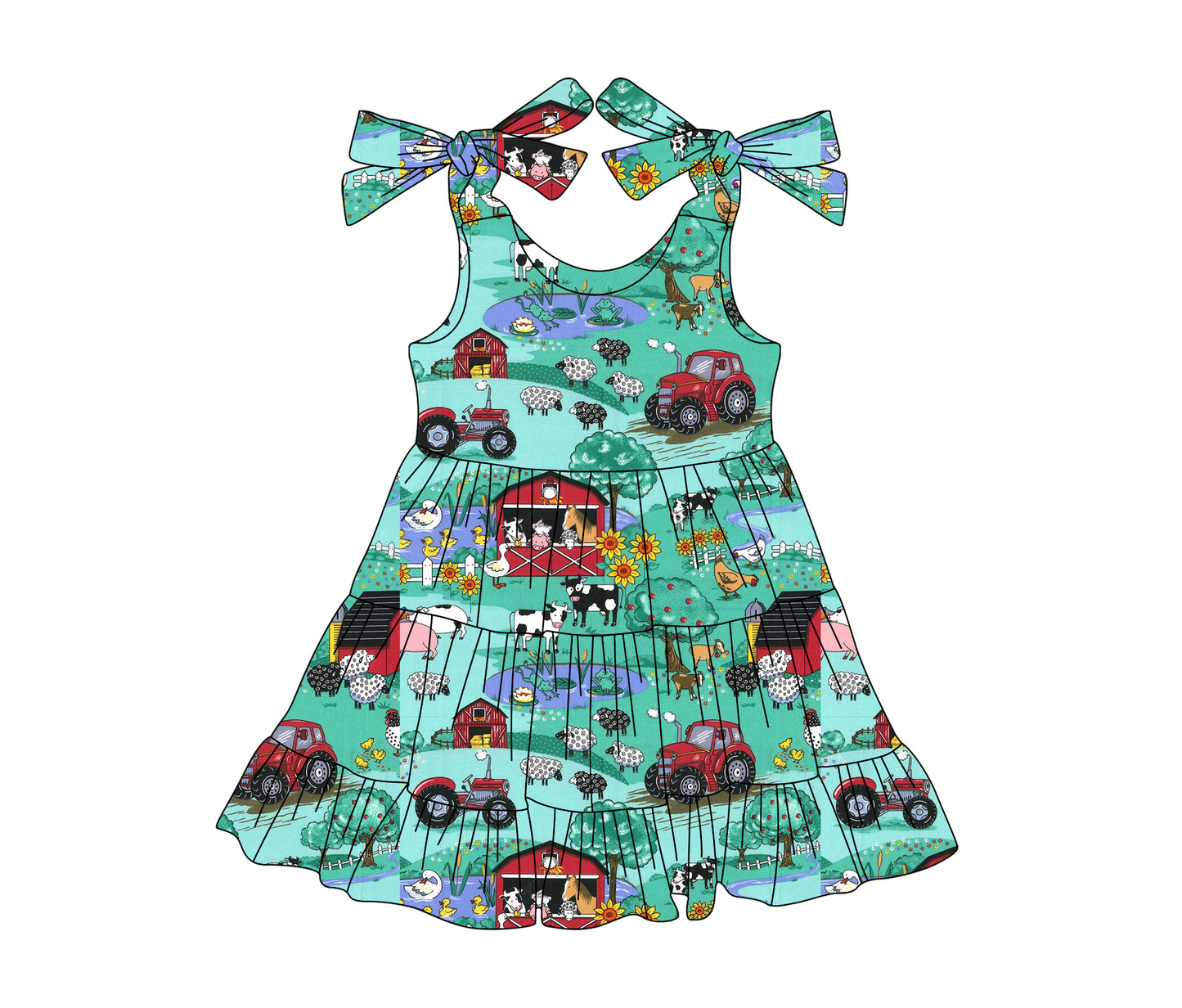(Pre-order)GSD2234 Farm Animals Green Print Girls Summer Knee Length Dress