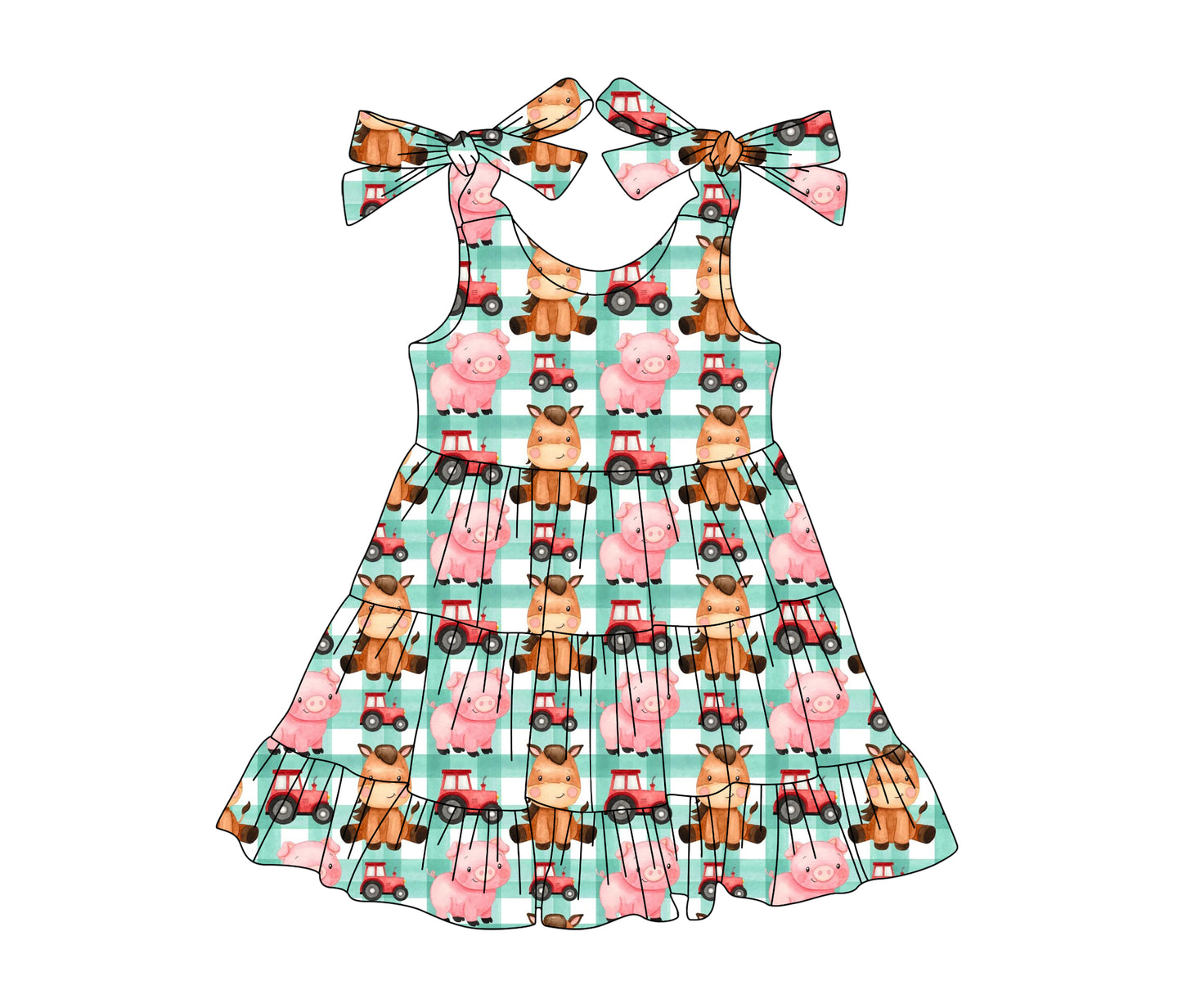 (Pre-order)GSD2236 Farm Animals Plaid Print Girls Summer Knee Length Dress