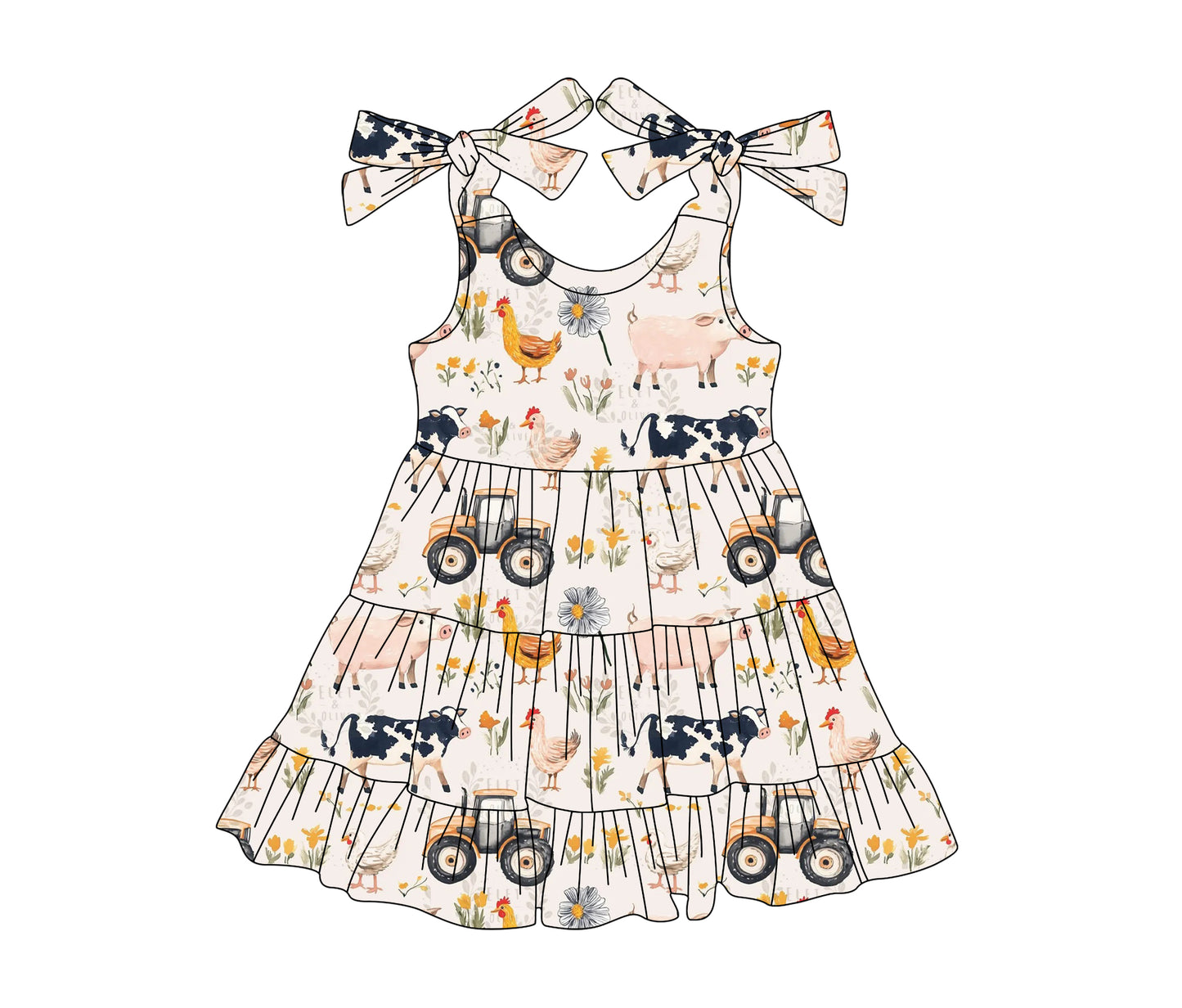 (Pre-order)GSD2237 Farm Animals Flowers Print Girls Summer Knee Length Dress