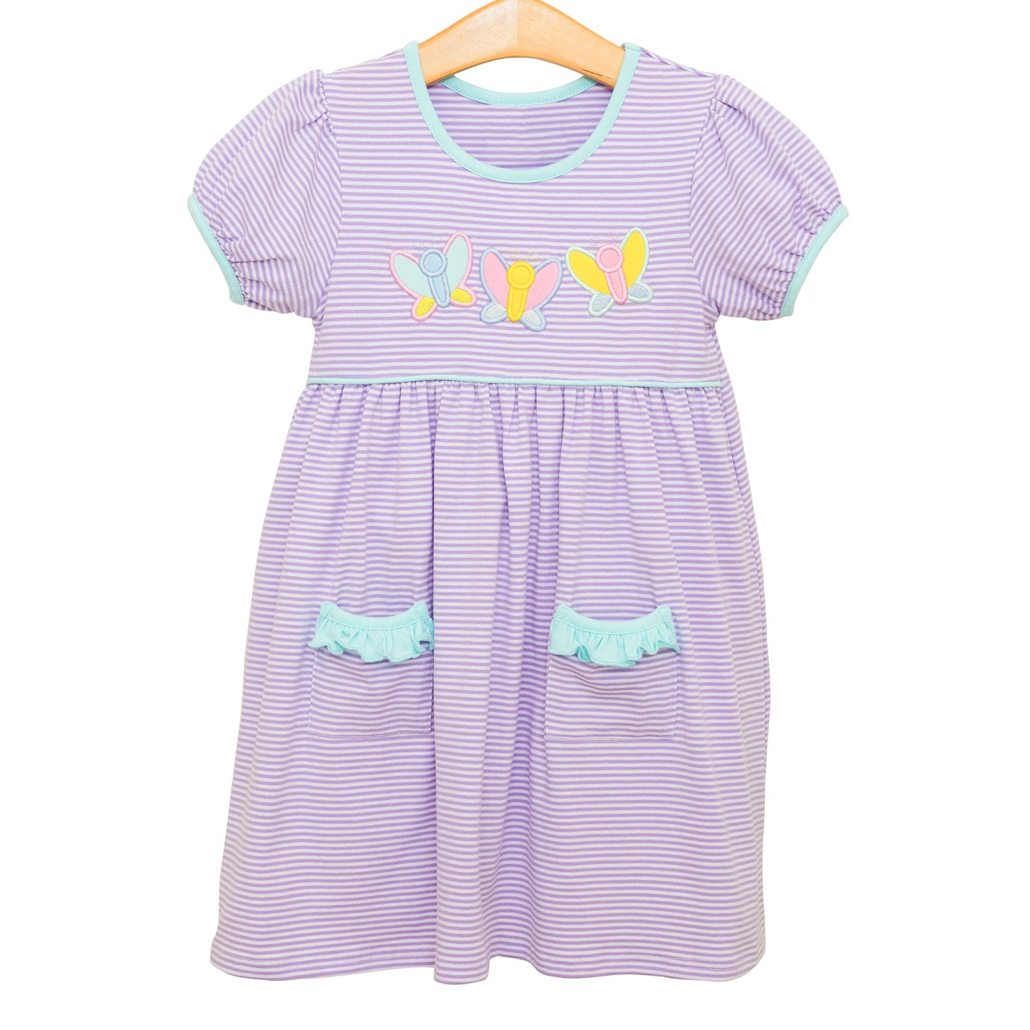 (Pre-order)GSD2239 Butterfly Purple Stripes Print Girls Summer Knee Length Dress