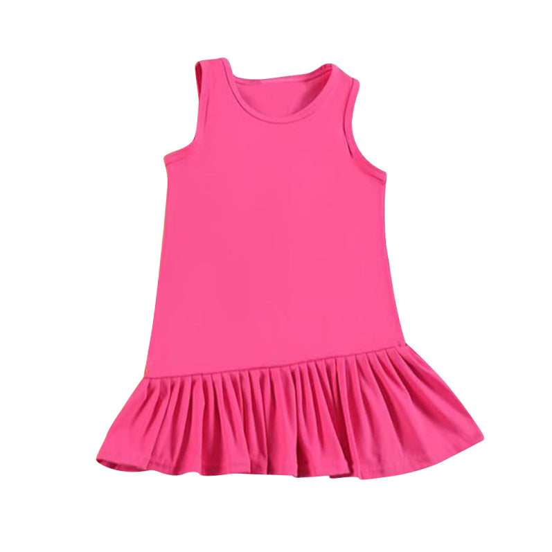 (Pre-order)GSD2246 Hot Pink Solid Girls Summer Sleeveless Knee Length Dress