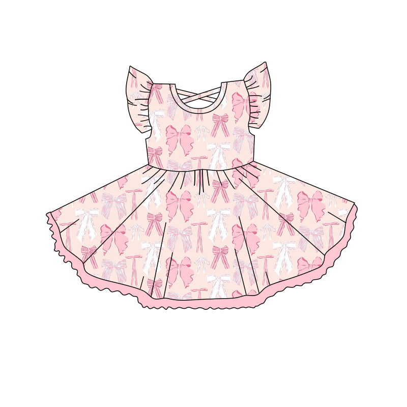 (Pre-order)GSD2254 Pink Bows Print Girls Summer Knee Length Dress