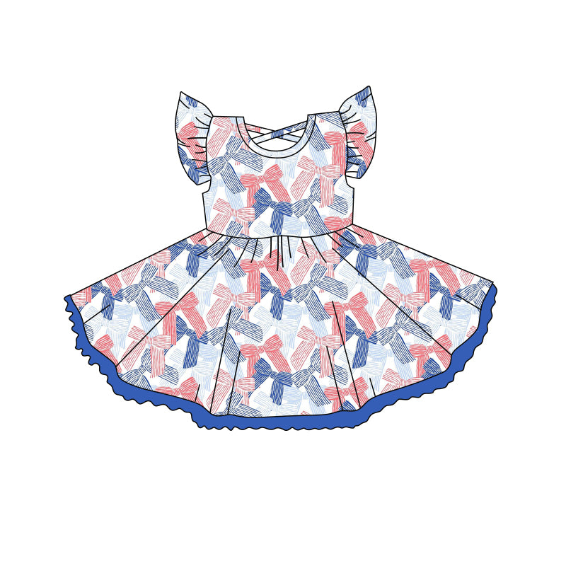 (Pre-order)GSD2256 Red Blue Bows Print Girls 4th of July Knee Length Dress