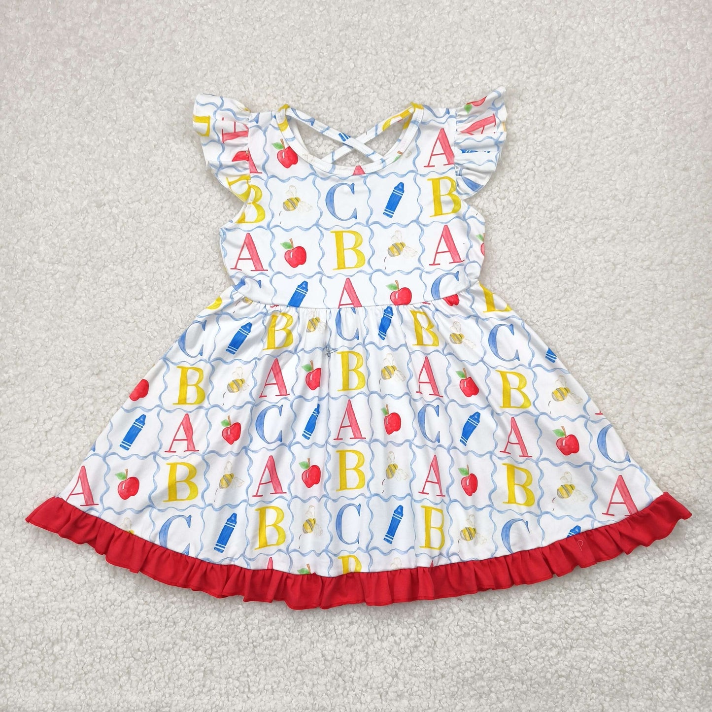 GSD2258 Apple ABC Print Girls Back to School Knee Length Dress