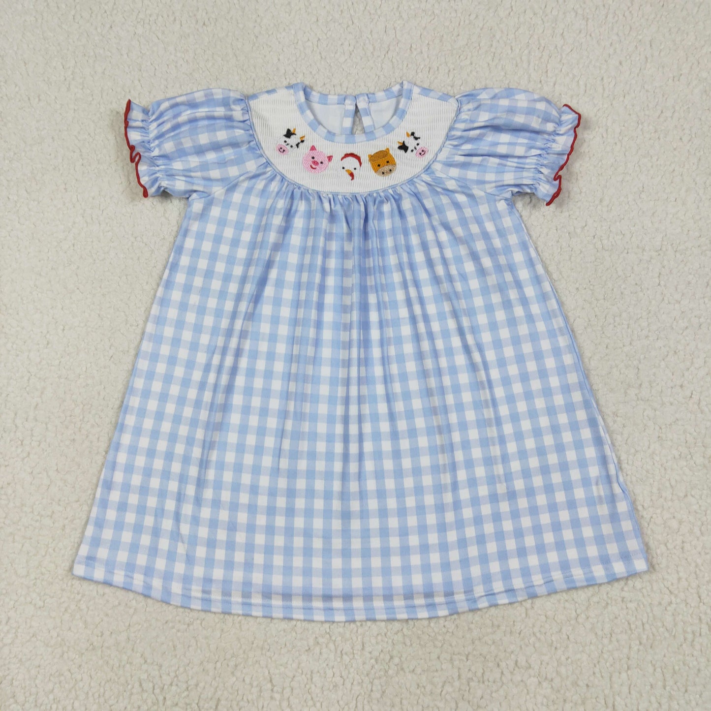 Farm Animals Embroidery Blue Plaid Sisters Smocked Matching Clothes