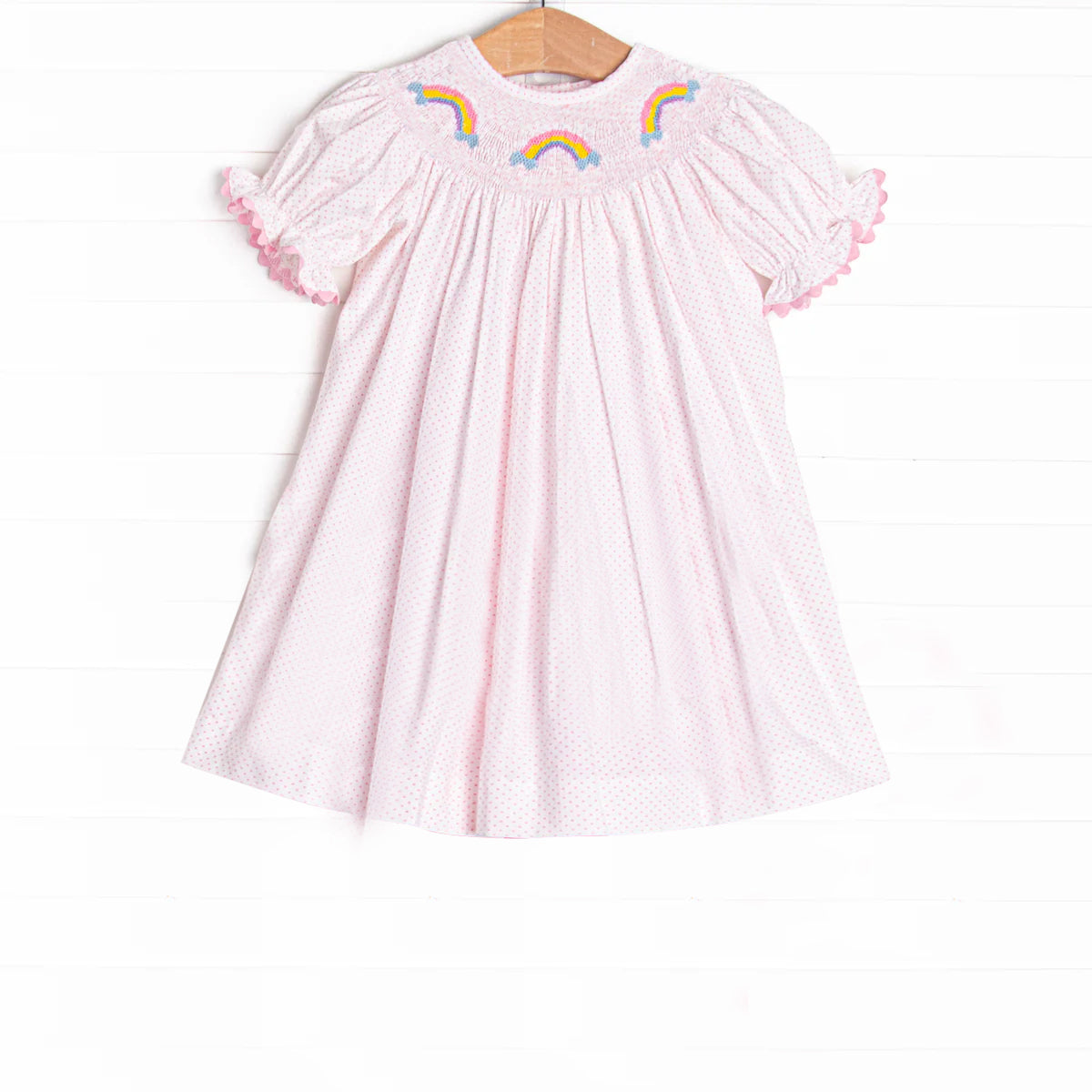 (Pre-order)GSD2277  Rainbow Pink Dots Print Girls Short Sleeve Knee Length Smocked Dress