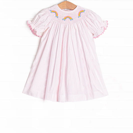 (Pre-order)GSD2277  Rainbow Pink Dots Print Girls Short Sleeve Knee Length Smocked Dress