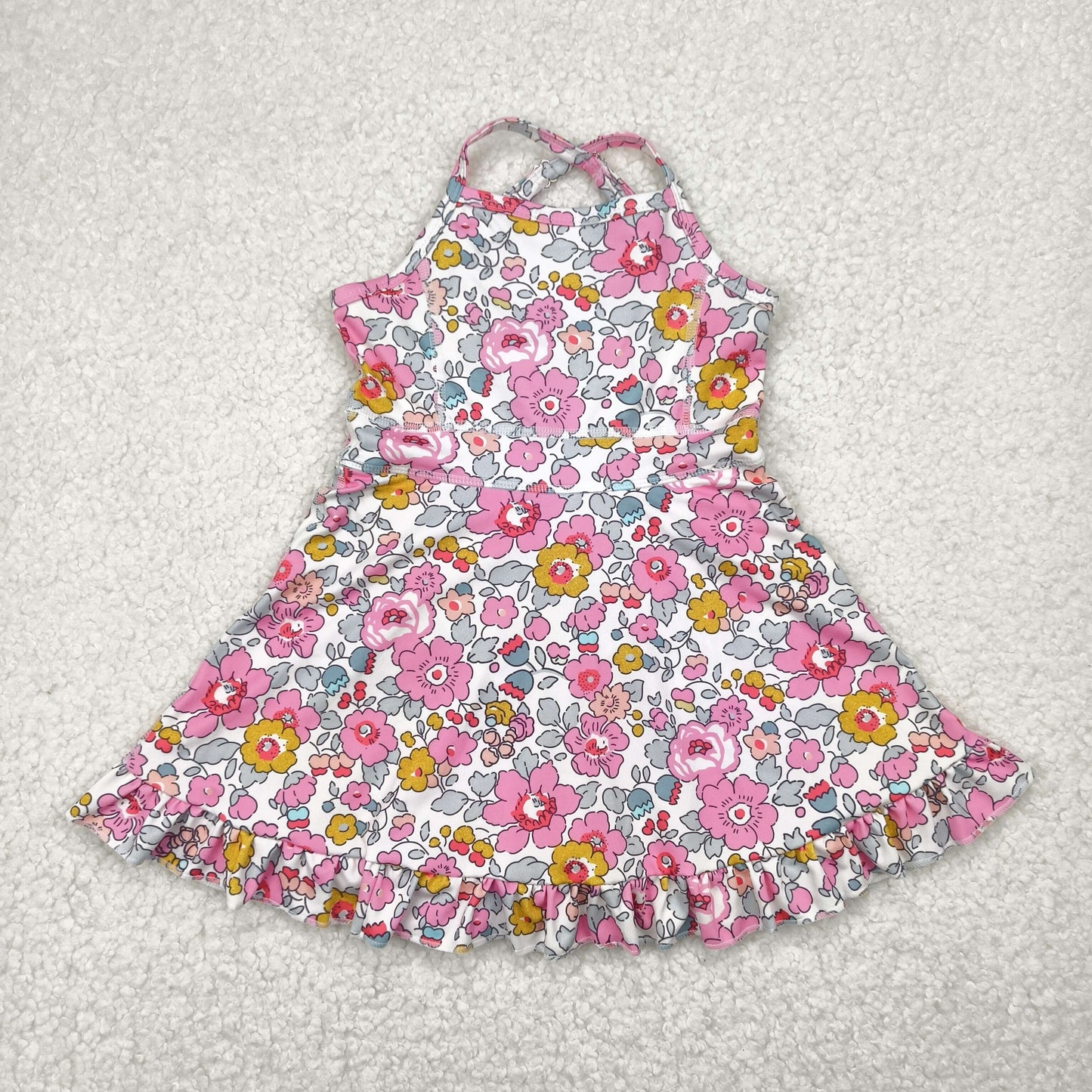 GSD2278 Pink Flowers Print Girls Summer Knee Length Shorts Yoga Dress
