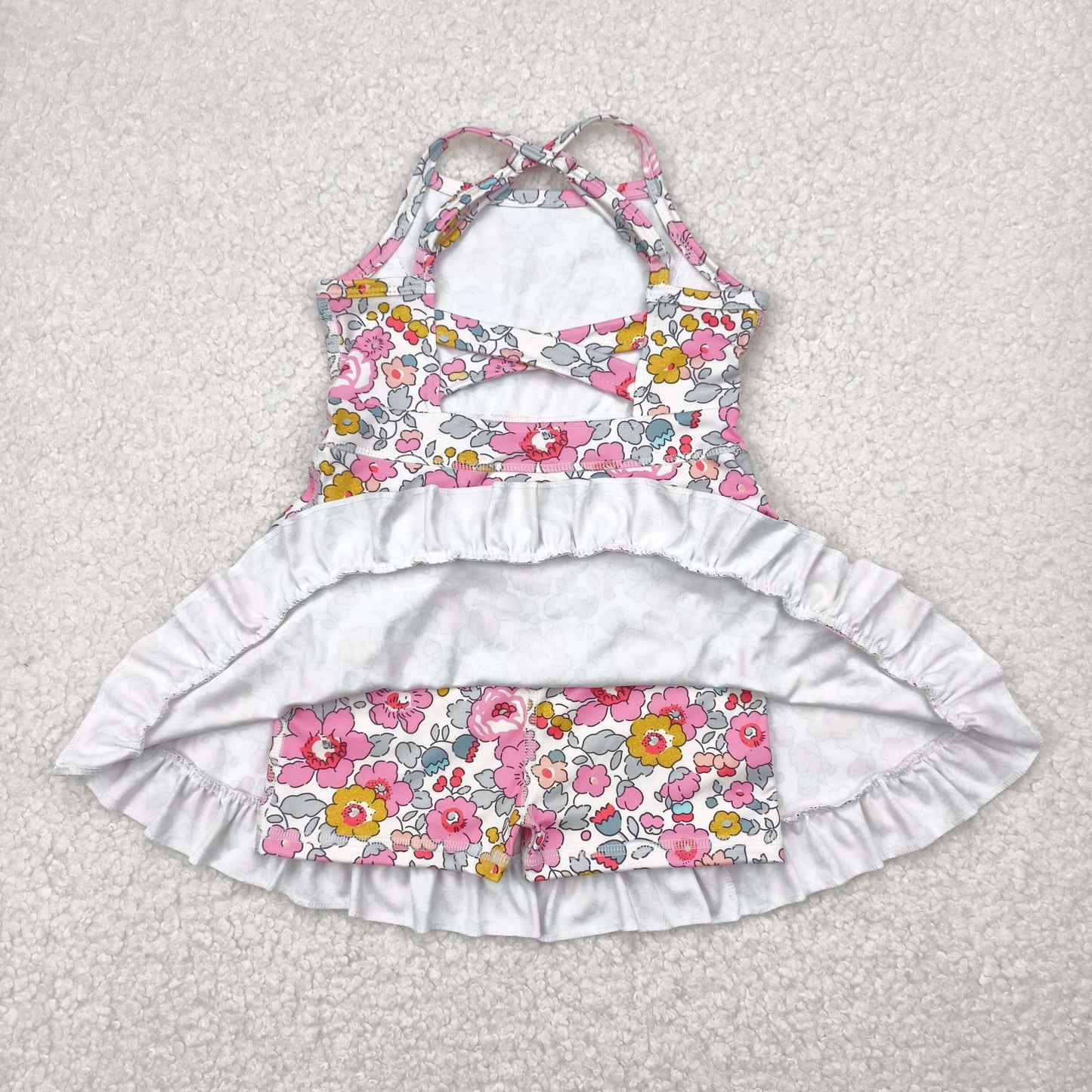 GSD2278 Pink Flowers Print Girls Summer Knee Length Shorts Yoga Dress