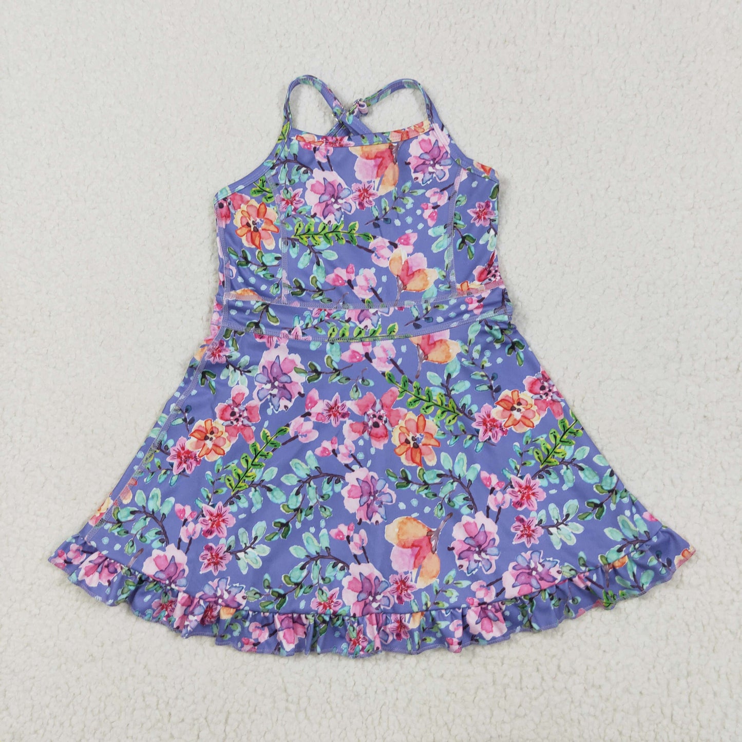 GSD2279 Pink Flowers Purple Print Girls Summer Knee Length Shorts Yoga Dress