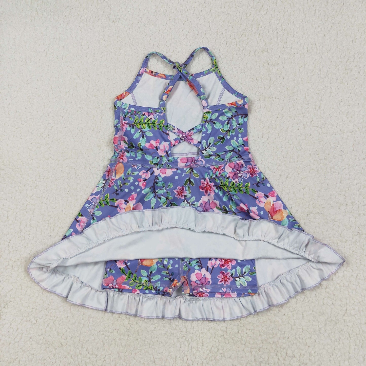 GSD2279 Pink Flowers Purple Print Girls Summer Knee Length Shorts Yoga Dress