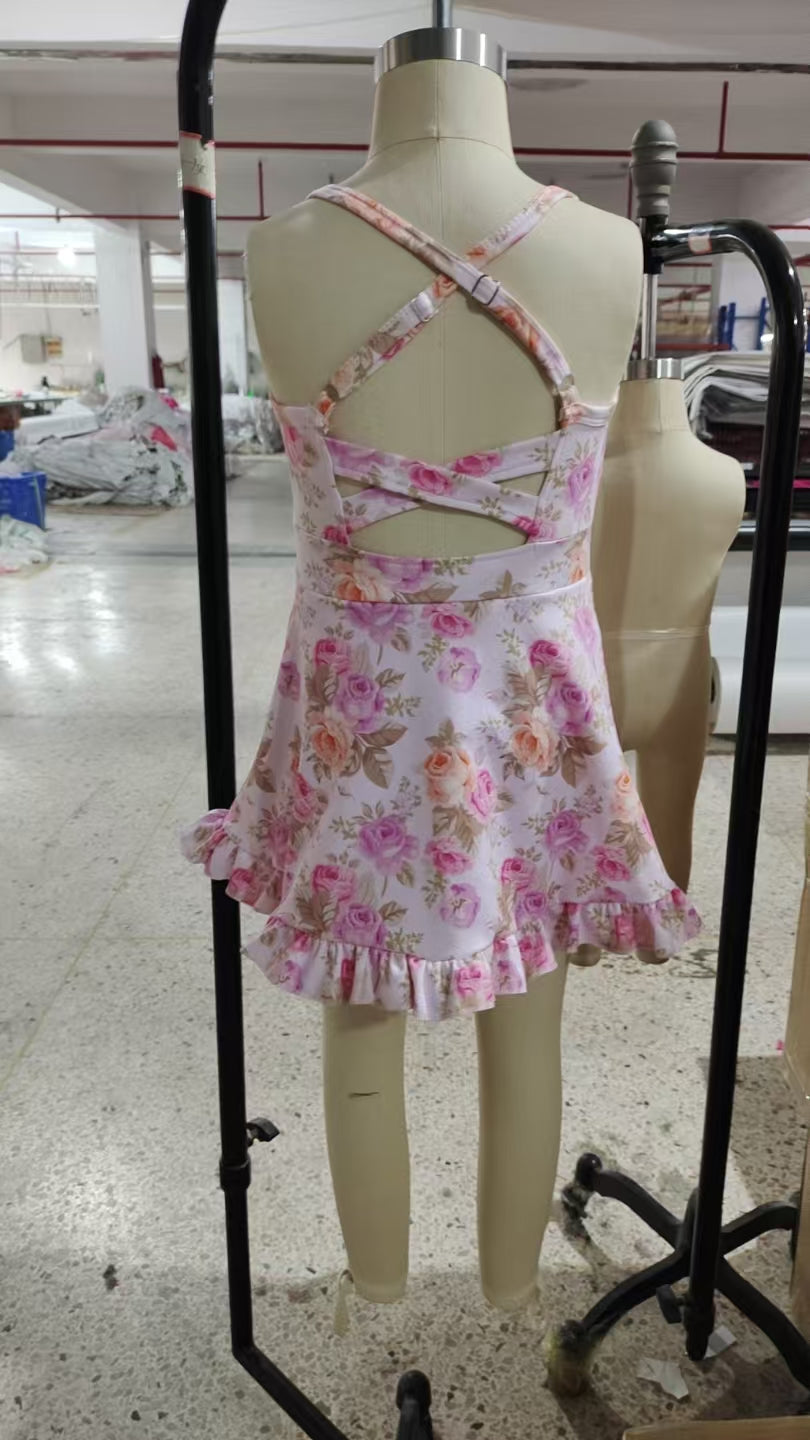 GSD2280 Pink Orange Flowers Print Girls Summer Knee Length Shorts Yoga Dress