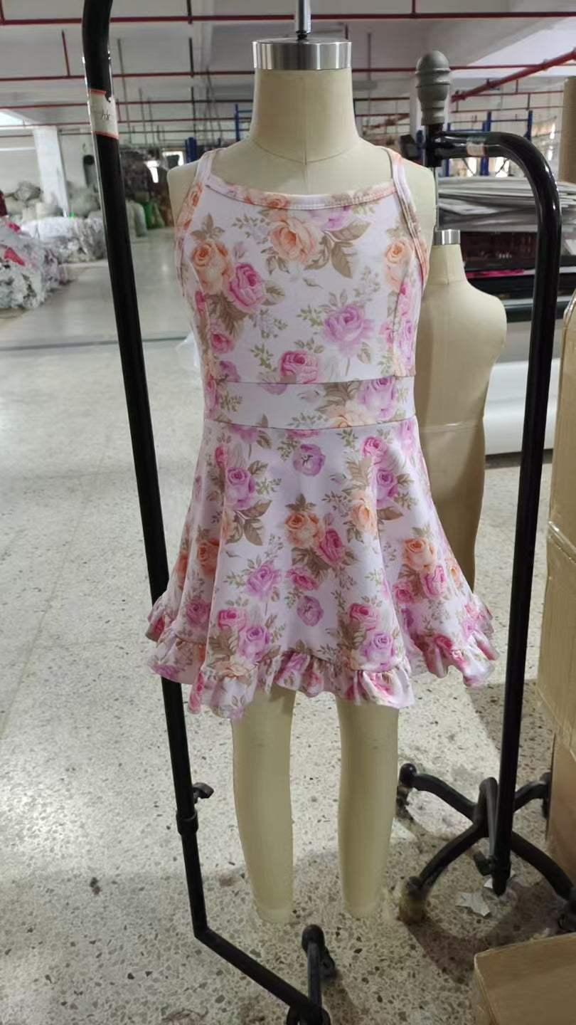 GSD2280 Pink Orange Flowers Print Girls Summer Knee Length Shorts Yoga Dress