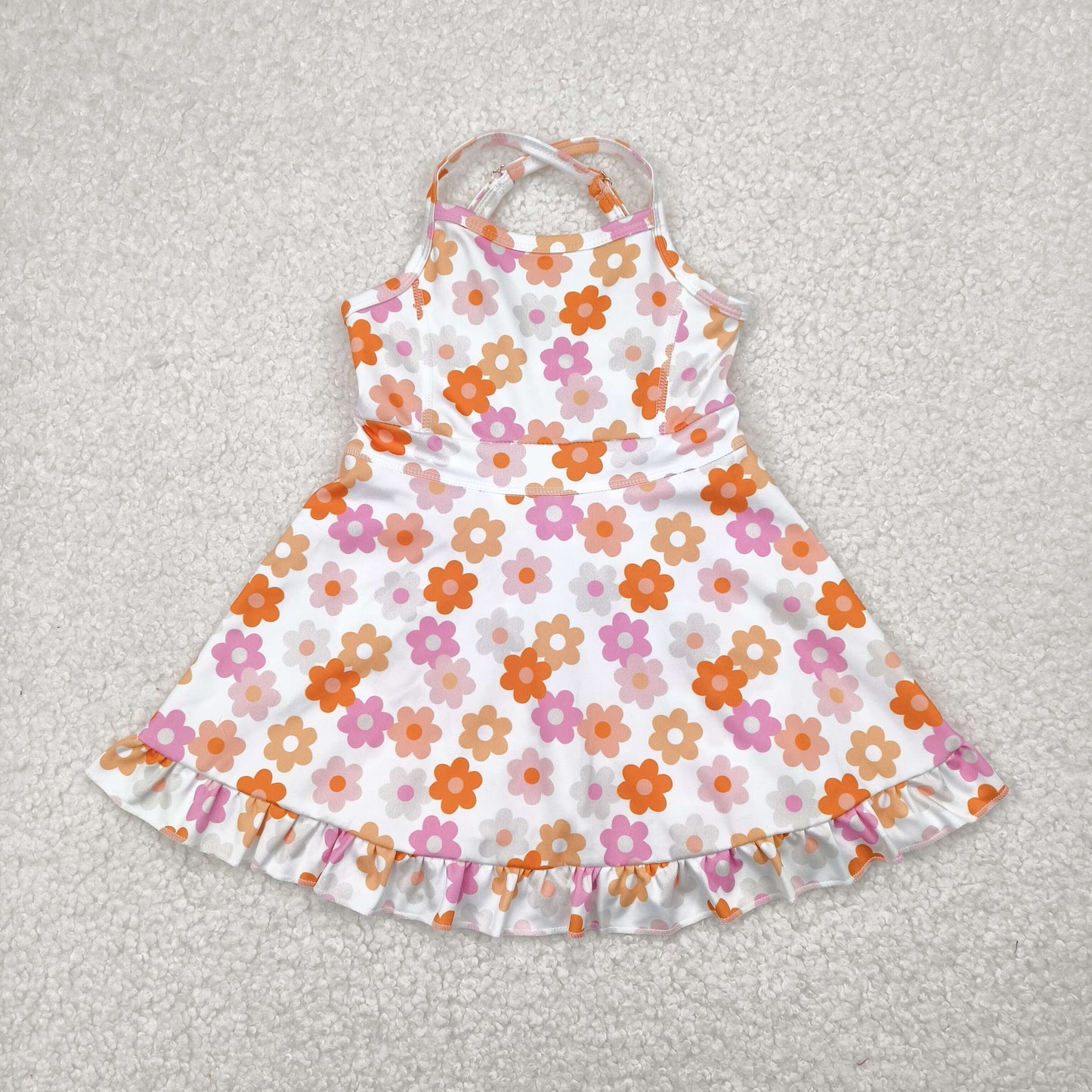 GSD2282 Pink Orange Flowers Print Girls Summer Knee Length Shorts Yoga Dress