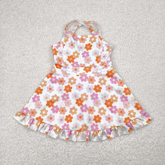 GSD2282 Pink Orange Flowers Print Girls Summer Knee Length Shorts Yoga Dress