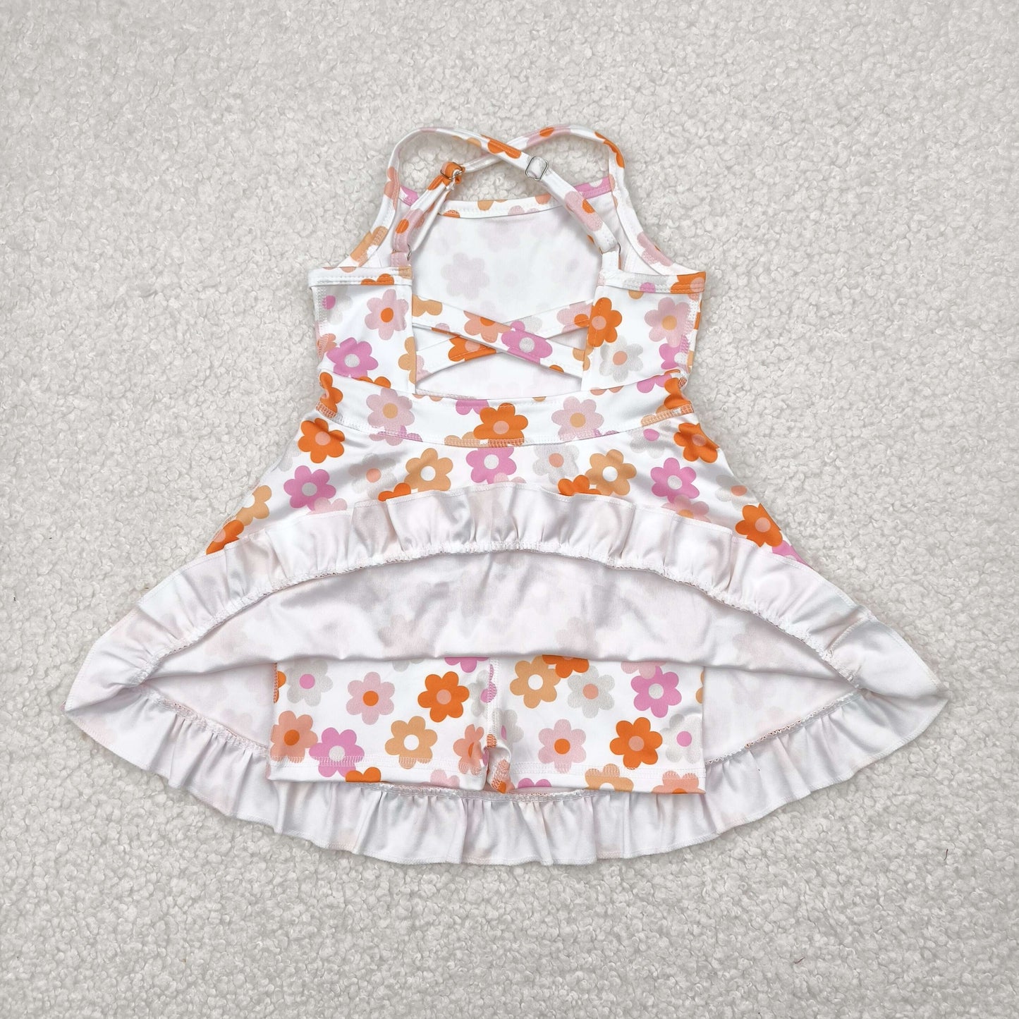 GSD2282 Pink Orange Flowers Print Girls Summer Knee Length Shorts Yoga Dress