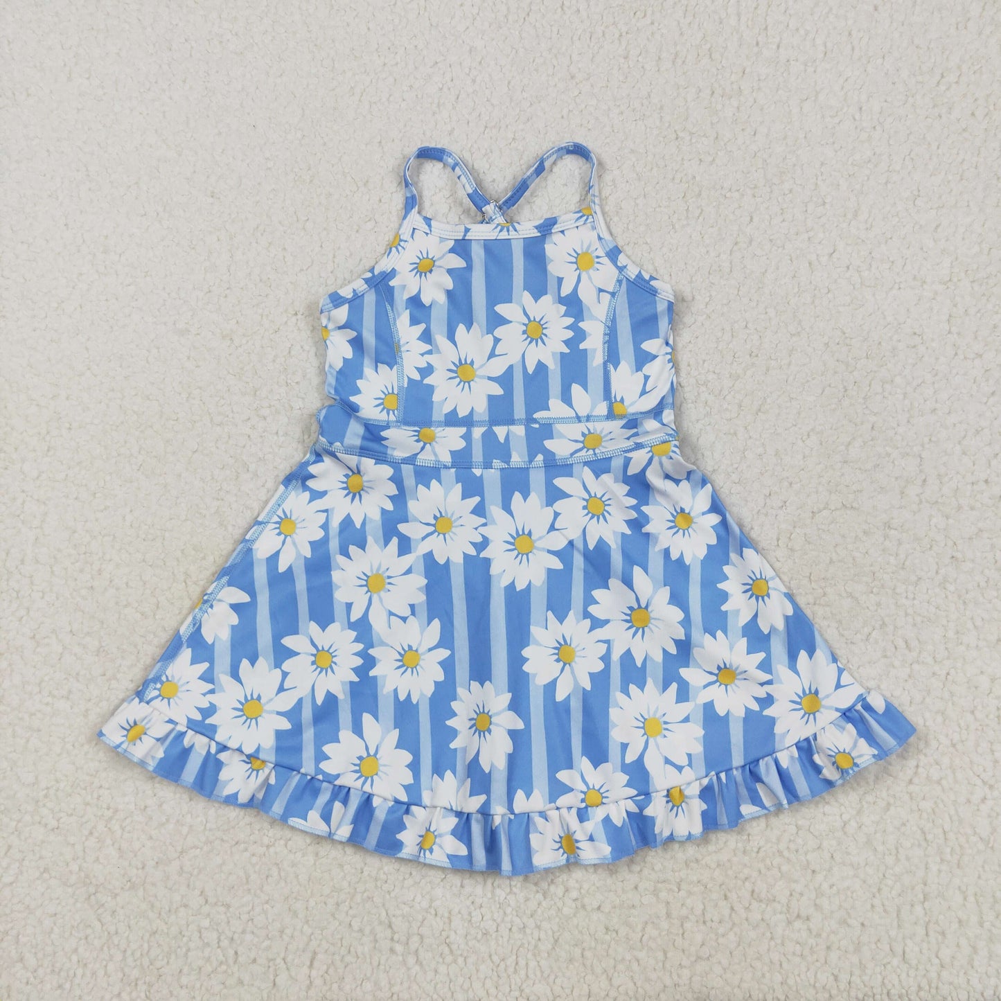 GSD2283 Flowers Blue Stripes Print Girls Summer Knee Length Shorts Yoga Dress