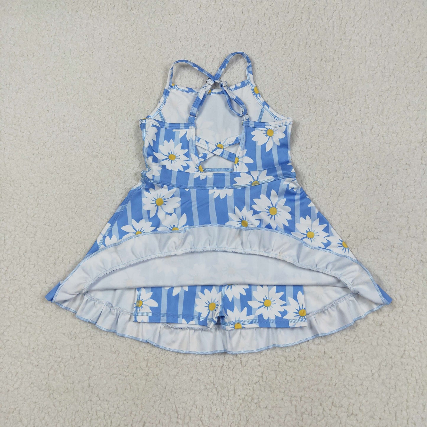 GSD2283 Flowers Blue Stripes Print Girls Summer Knee Length Shorts Yoga Dress