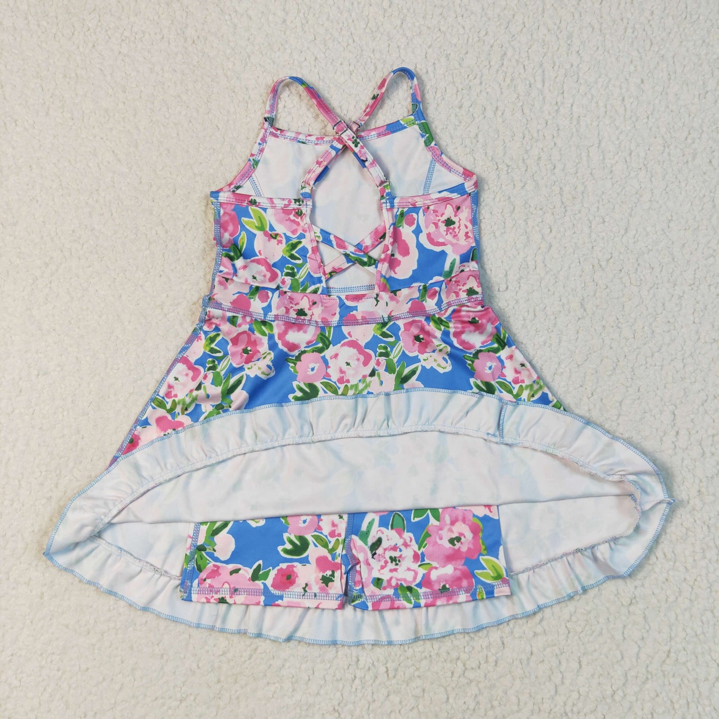 GSD2284  Pink Flowers Blue Print Girls Summer Knee Length Shorts Yoga Dress