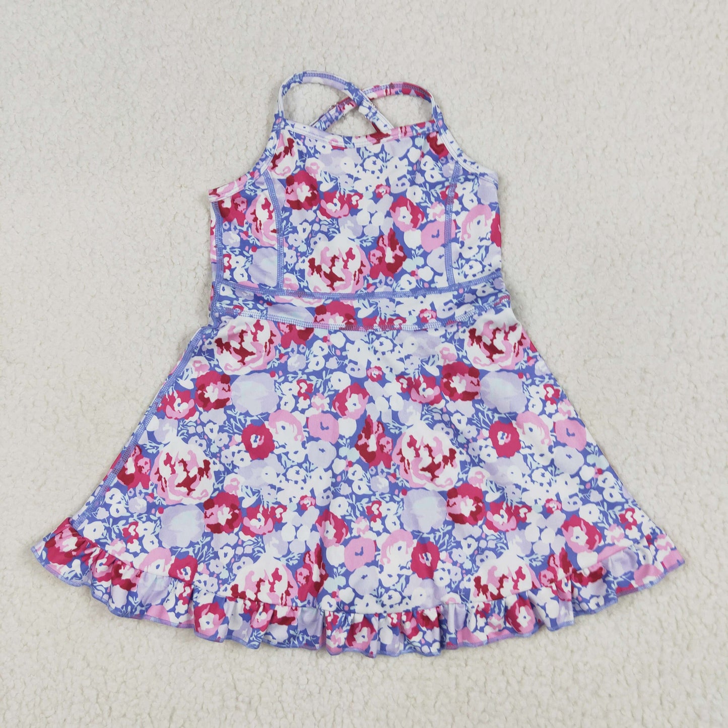 GSD2285 Purple Flowers Print Girls Summer Knee Length Shorts Yoga Dress