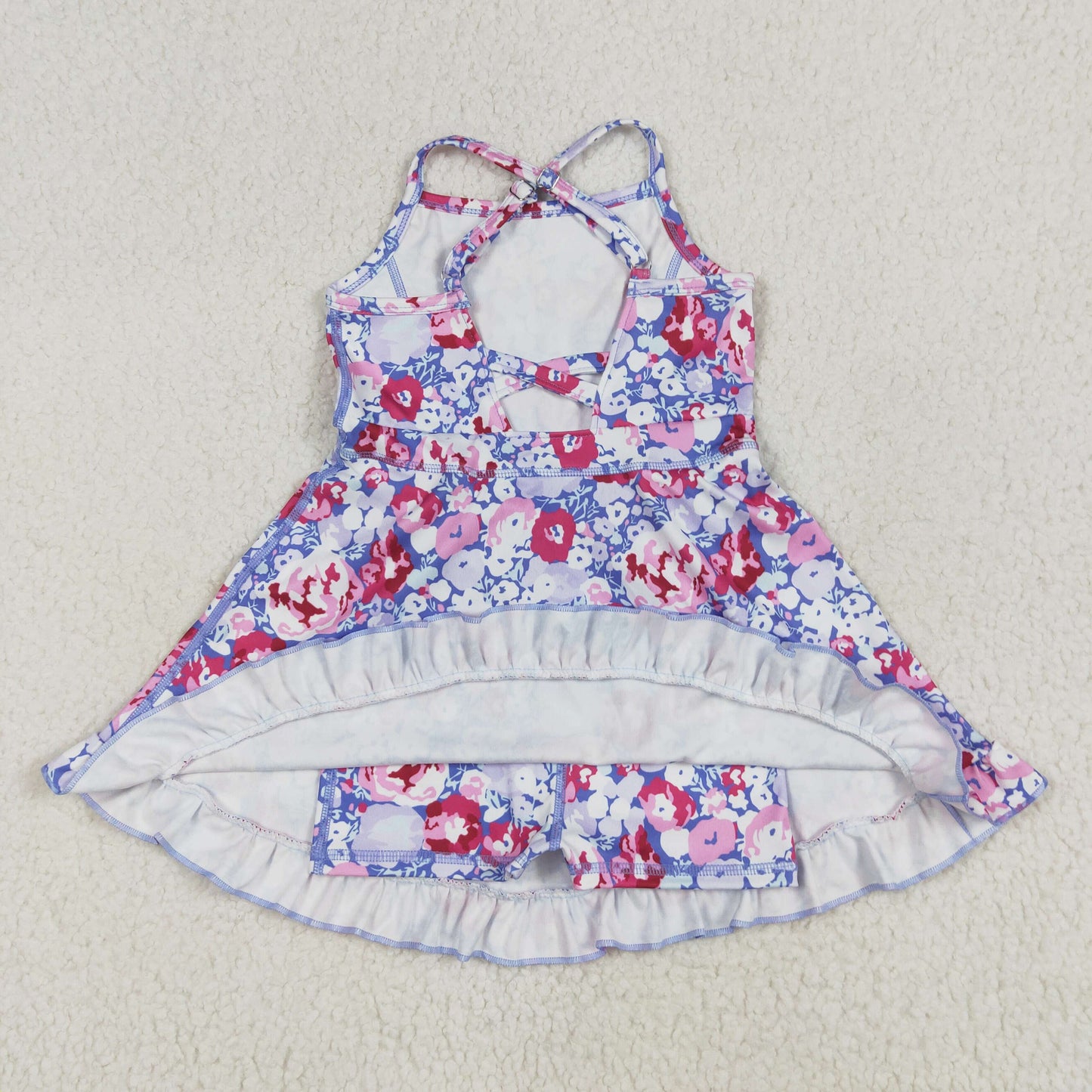 GSD2285 Purple Flowers Print Girls Summer Knee Length Shorts Yoga Dress