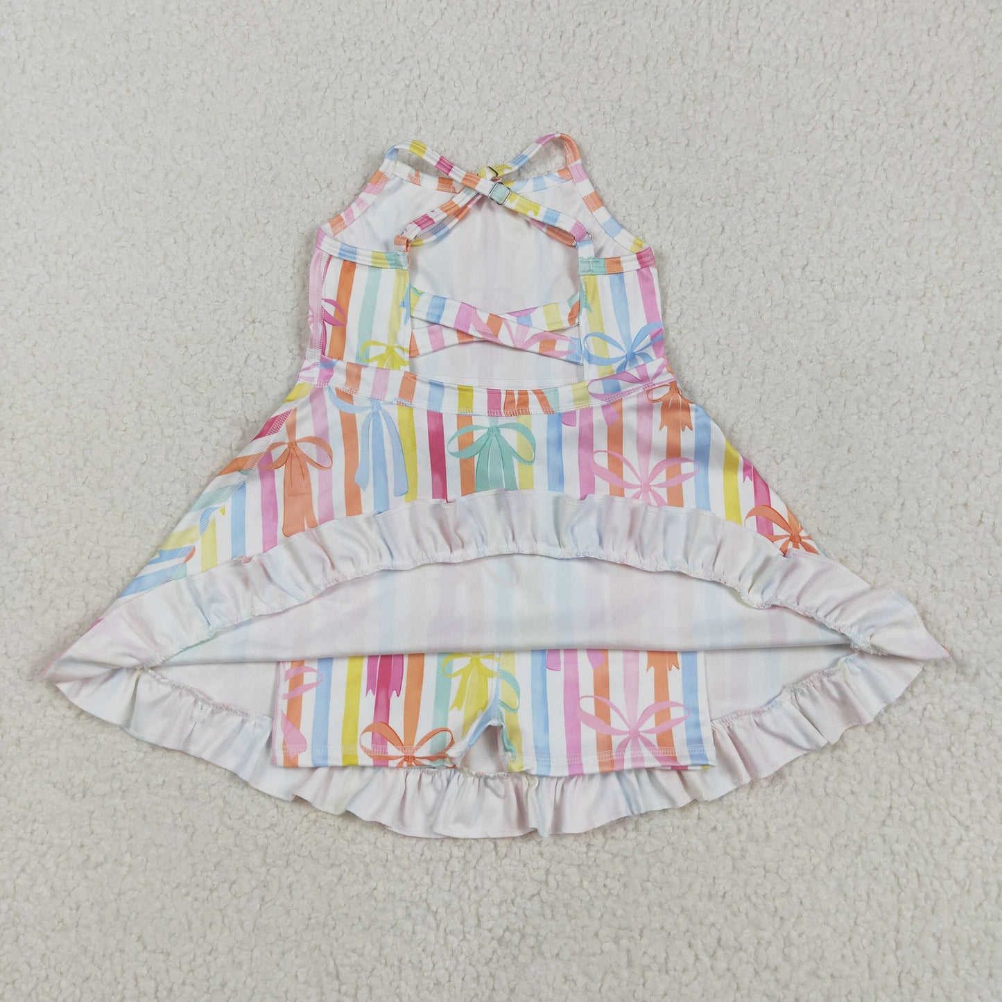 GSD2288 Colorful Bows Stripes Print Girls Summer Knee Length Shorts Yoga Dress