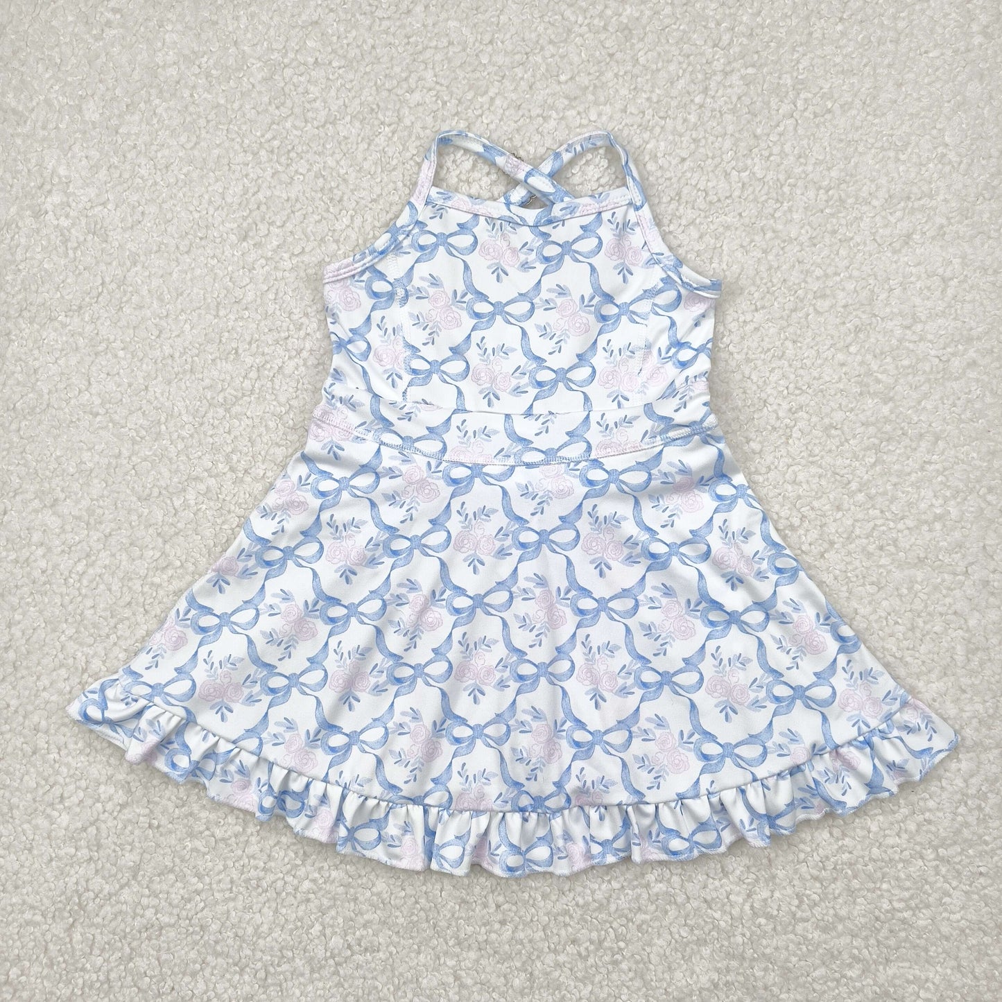 GSD2290 Blue Bows Pink Flowers Print Girls Summer Knee Length Shorts Yoga Dress
