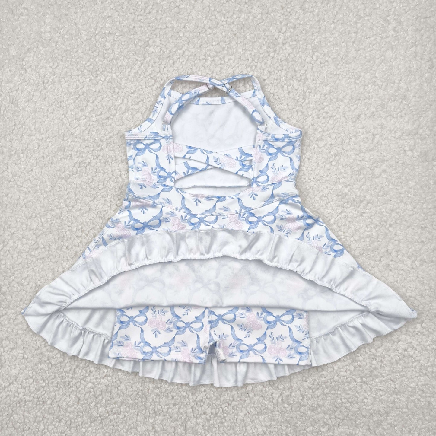 GSD2290 Blue Bows Pink Flowers Print Girls Summer Knee Length Shorts Yoga Dress
