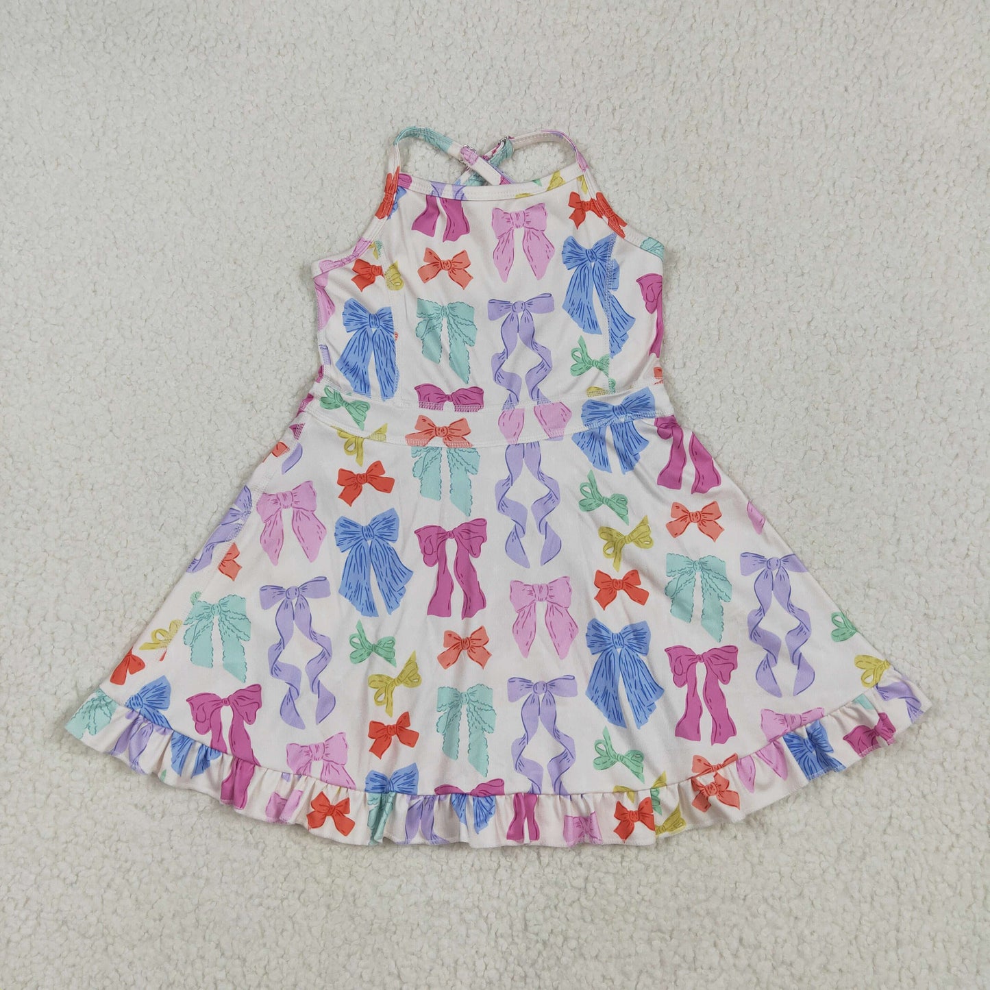 GSD2291 Colorful Bows Print Girls Summer Knee Length Shorts Yoga Dress