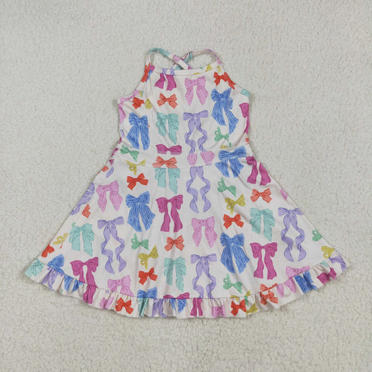 GSD2291  Colorful Bows Print Girls Summer Knee Length Shorts Yoga Dress