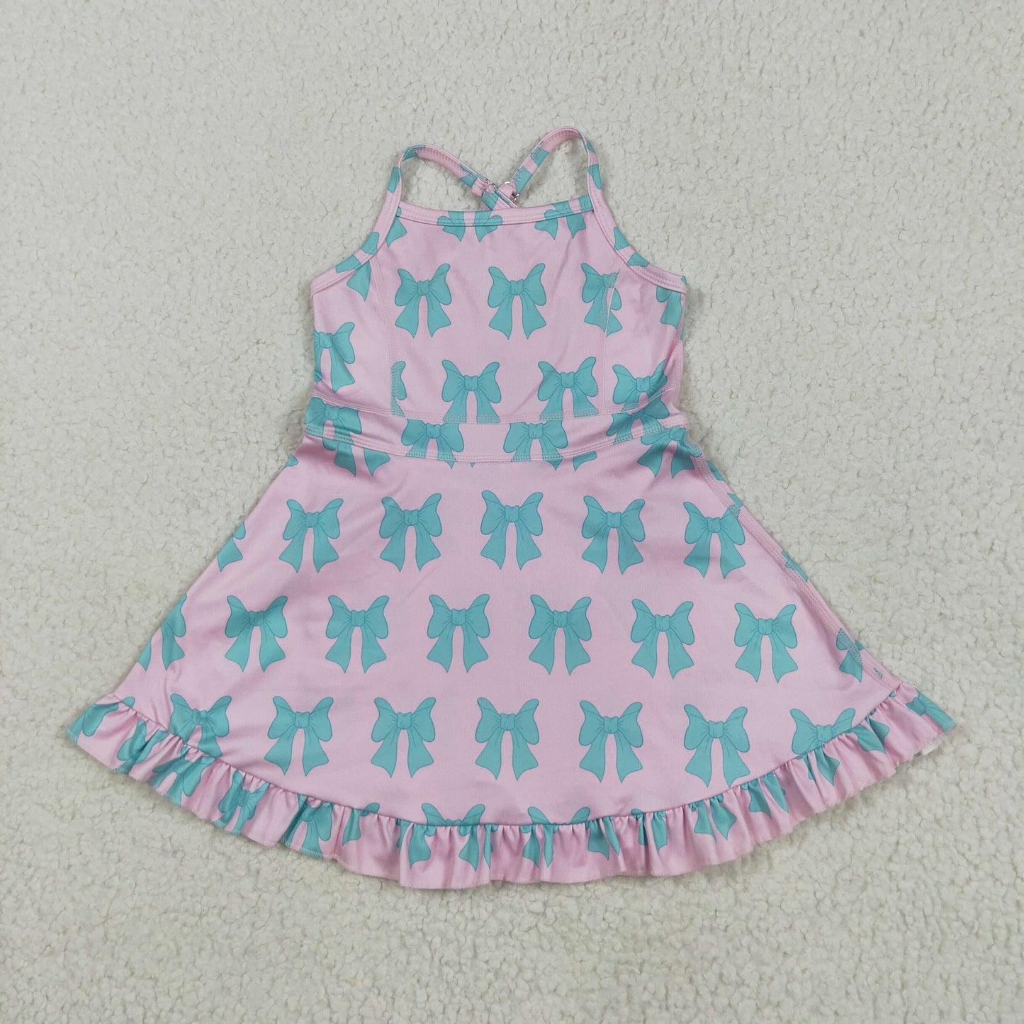 GSD2293 Green Bows Pink Print Girls Summer Knee Length Shorts Yoga Dress
