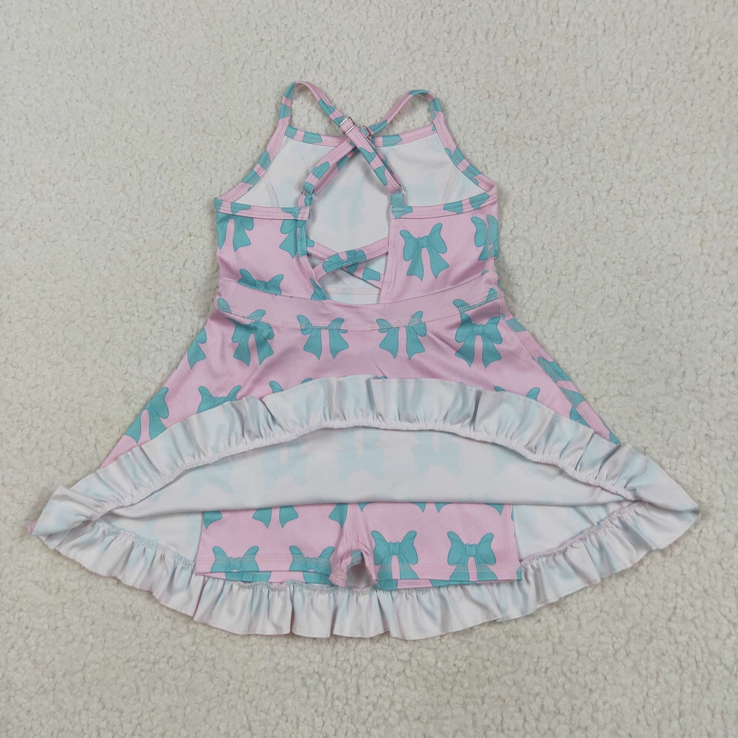GSD2293 Green Bows Pink Print Girls Summer Knee Length Shorts Yoga Dress