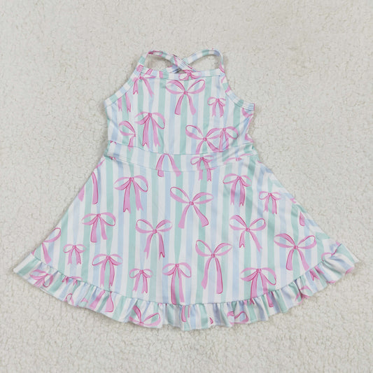 GSD2297   Bows Stripes Print Girls Summer Knee Length Shorts Yoga Dress