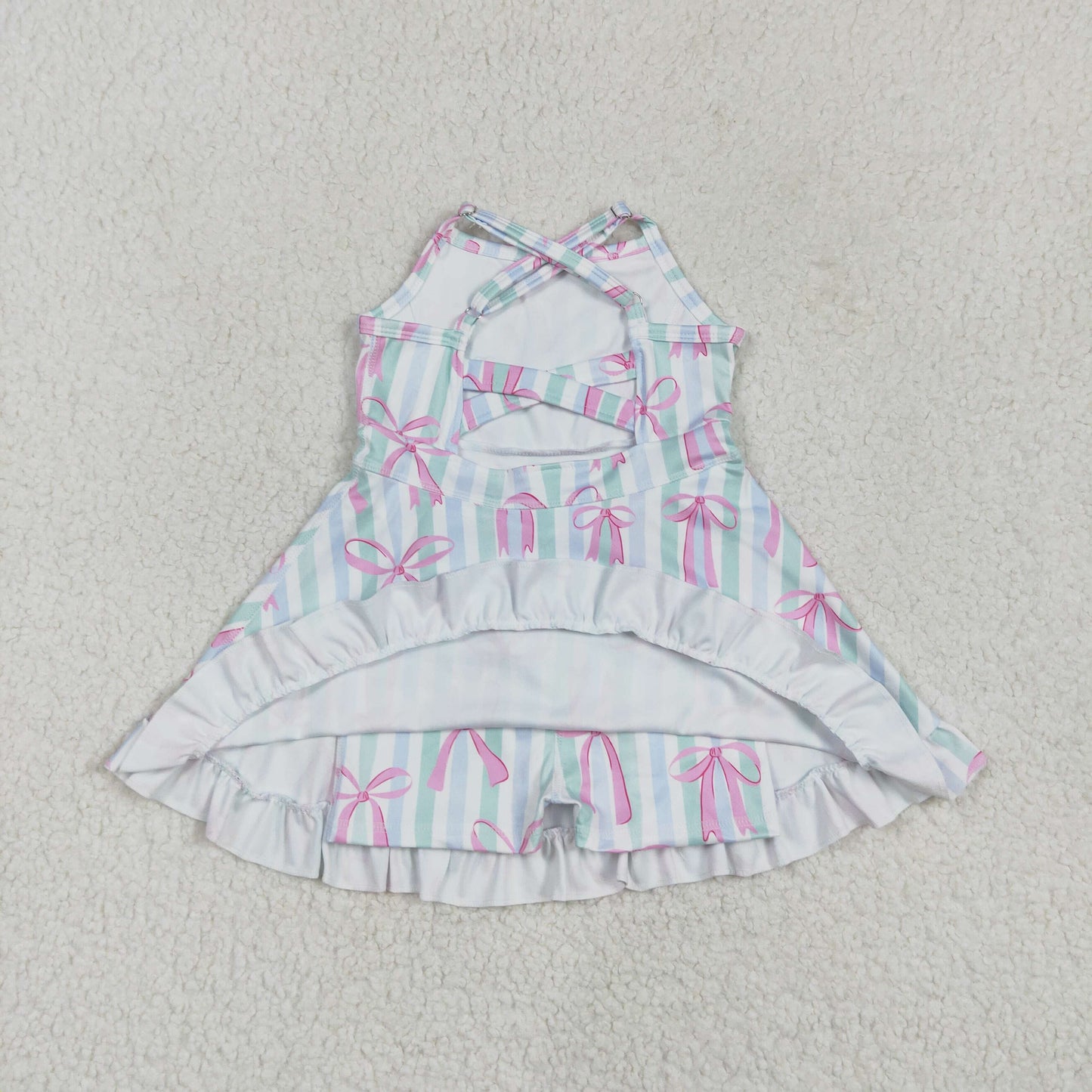 GSD2297 Bows Stripes Print Girls Summer Knee Length Shorts Yoga Dress